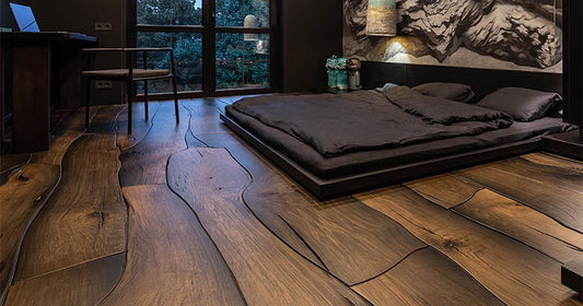 Bedroom with a striking custom organic live-edge hardwood floor pattern