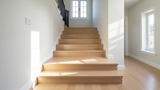 Bright open-concept staircase with wide-plank light oak flooring flowing from the hallway down each stair tread, finished with matching stair nosing