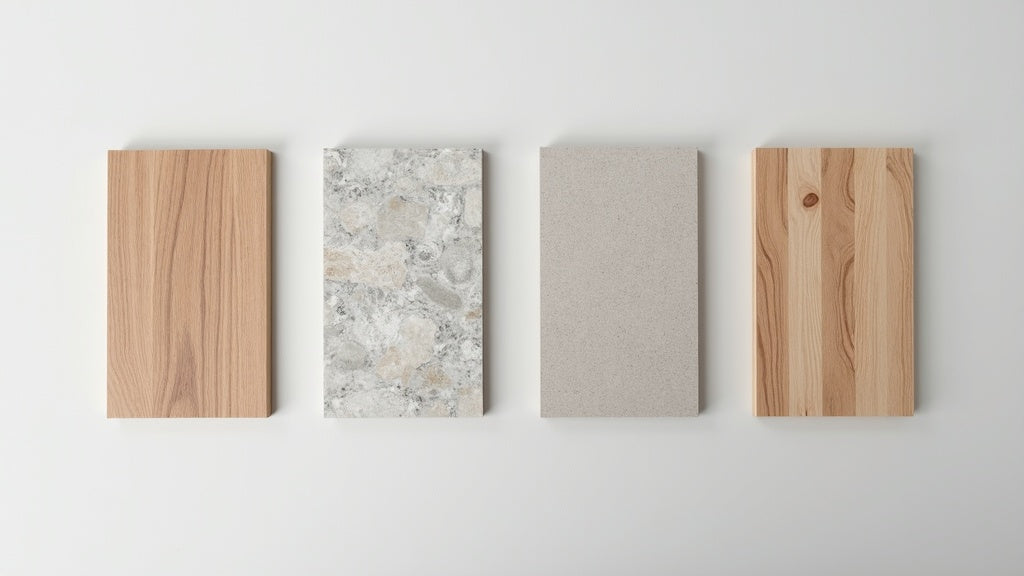 Flat lay of hardwood, tile, and vinyl flooring material samples side by side