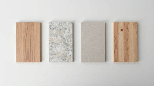 Flat lay of hardwood, tile, and vinyl flooring material samples side by side