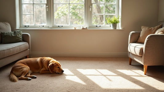 Golden retriever resting on soft wall-to-wall carpet in a bright living room