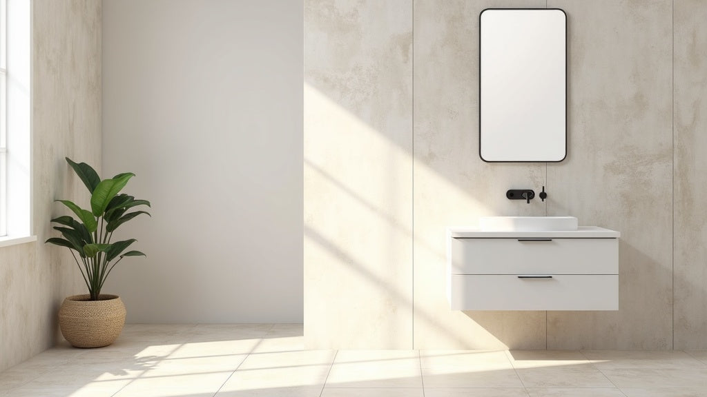 Modern bathroom with large-format porcelain tile flooring and warm natural light