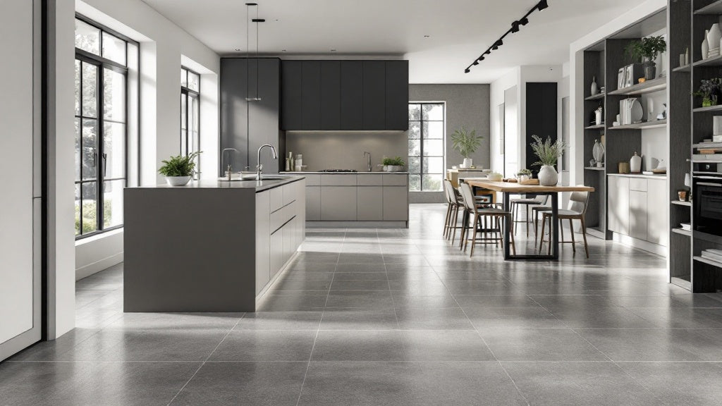 Bright modern kitchen with large-format porcelain floor tile flowing into a dining area