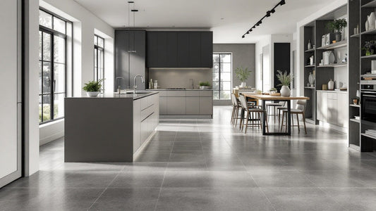 Bright modern kitchen with large-format porcelain floor tile flowing into a dining area