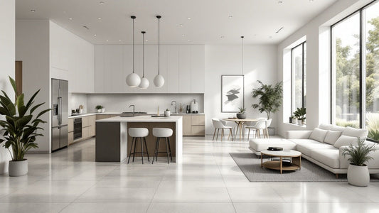 Bright modern open-concept kitchen and living space with large-format porcelain tile flooring