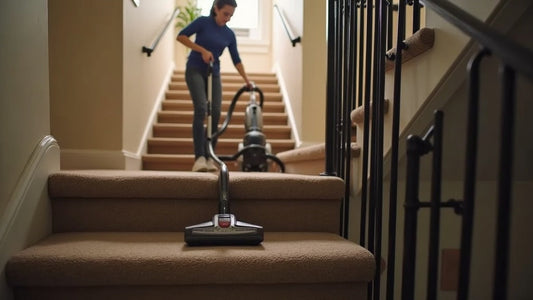 Person vacuuming a carpeted staircase in a modern home to remove grit before it wears down the fibres