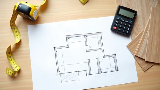 Floor plan sketch, tape measure, calculator, and wood-look flooring samples laid out for estimating how much flooring to order