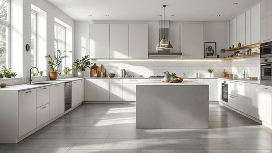 Bright modern kitchen with grey porcelain floor tile and large island