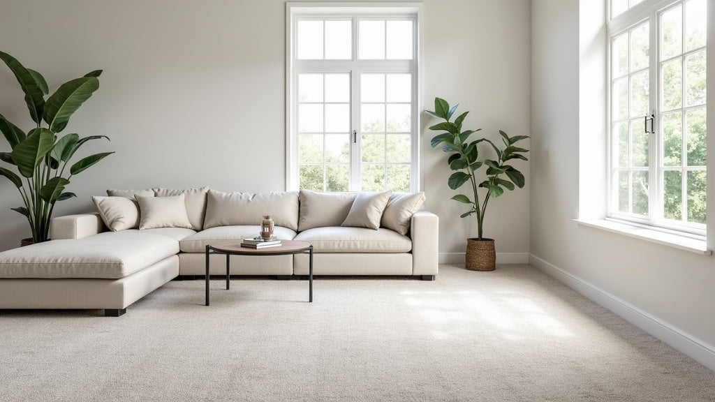 Bright modern living room with soft warm-grey wall-to-wall carpet flooring