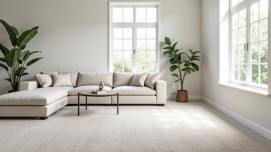 Bright modern living room with soft warm-grey wall-to-wall carpet flooring