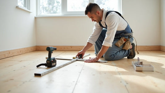 Flooring installer checking a plywood subfloor for flatness with a long aluminum straightedge before installation