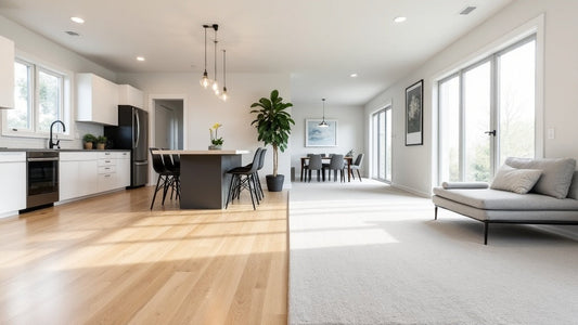 Open-concept home interior showing a clear transition from wide-plank hardwood flooring to wall-to-wall carpet