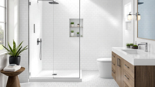 Bright modern shower and bathroom with white porcelain wall and floor tile