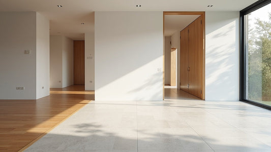 Hardwood flooring transitioning to porcelain tile at a doorway with a flush metal transition strip
