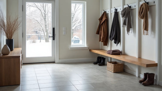 Bright mudroom entryway with square tile flooring, coat hooks, and winter boots, with snow visible outside the window