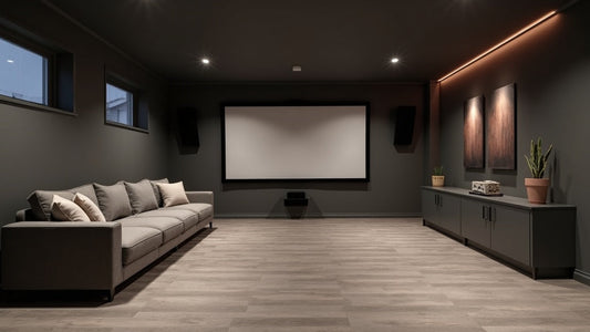 Finished basement media room with grey wide-plank rigid-core vinyl flooring