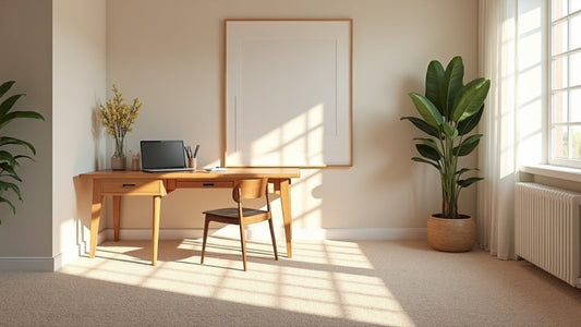 Bright cheerful home office with warm taupe wall-to-wall carpet flooring